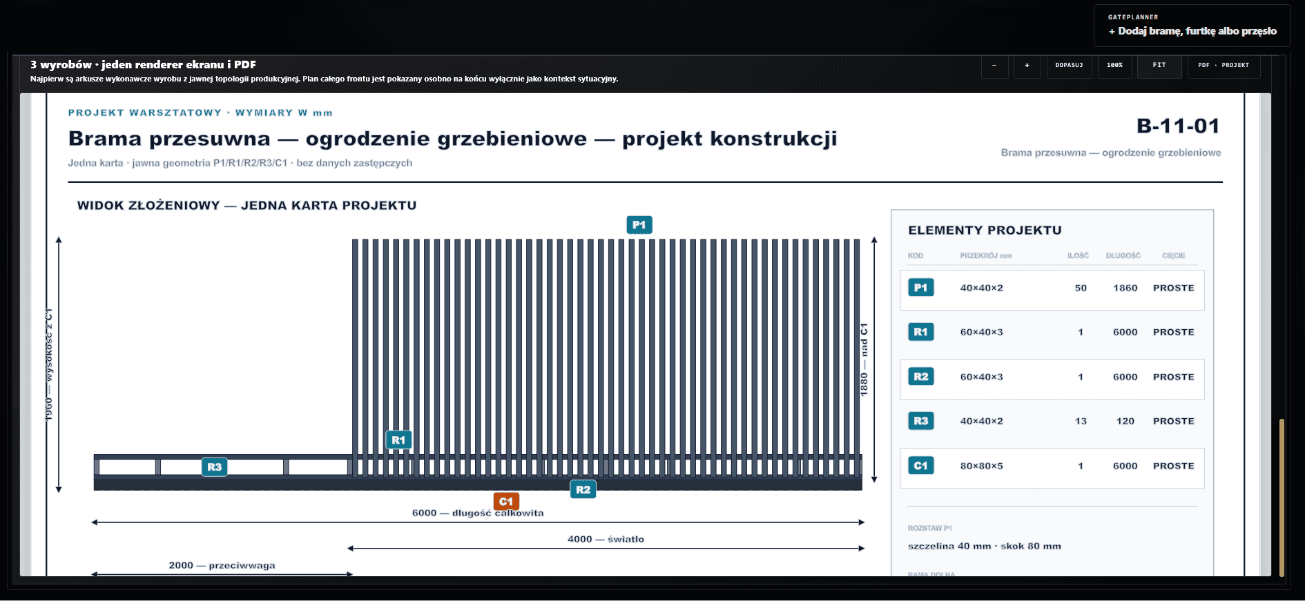 Rzeczywisty projekt wykonawczy bramy przygotowany w FenceTool Production