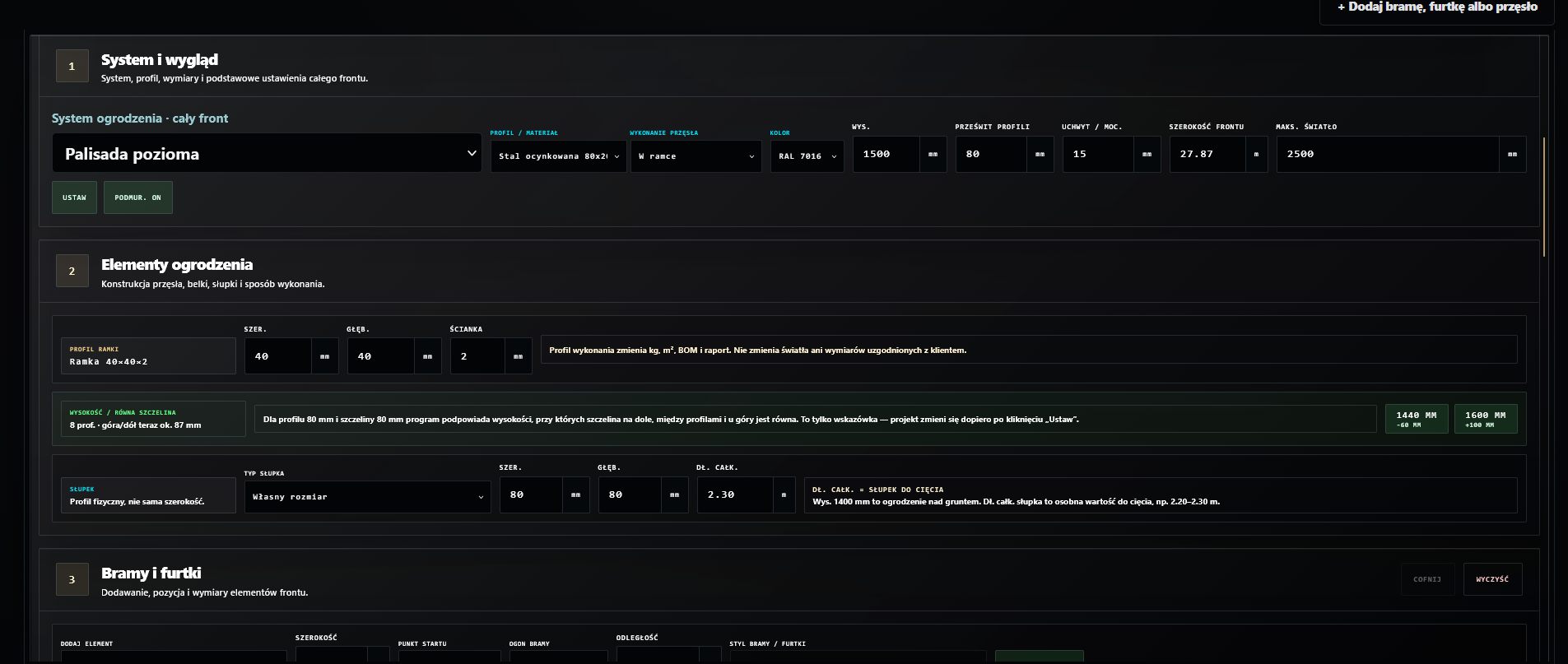 FencePlanner — ustawienia techniczne projektu